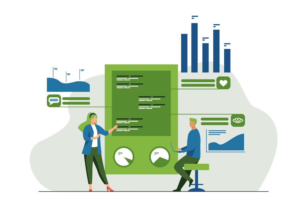 Illustration of two people working on oversized analytics reports