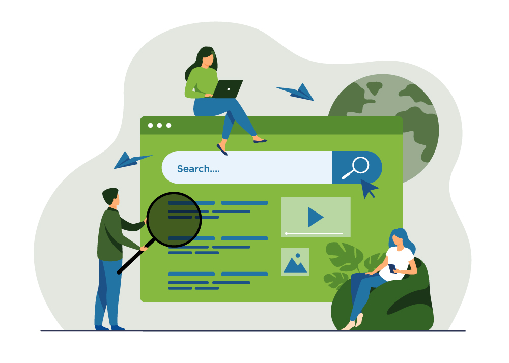 Illustration of people using an oversized search engine.