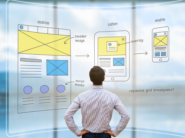 Man looking at screen showing the same website on three different size devices, representing responsive Web design