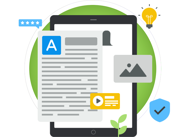 Content Services - Fuel your Brand with High Quality Content Supporting graphic of content and an iPad to support content generation