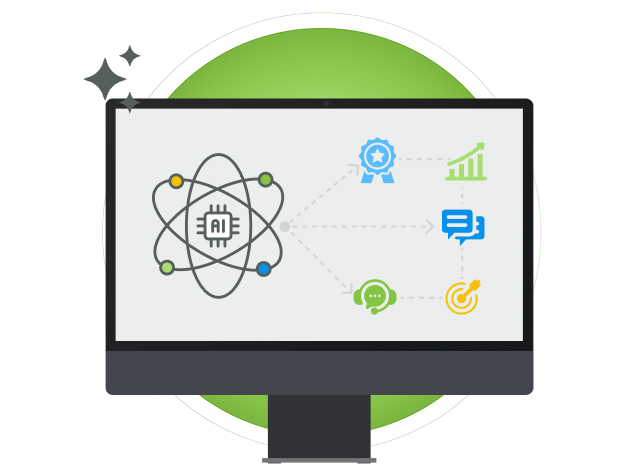 Manual Processes On Auto Pilot Custom AI Solutions graphic with monitor and icons.