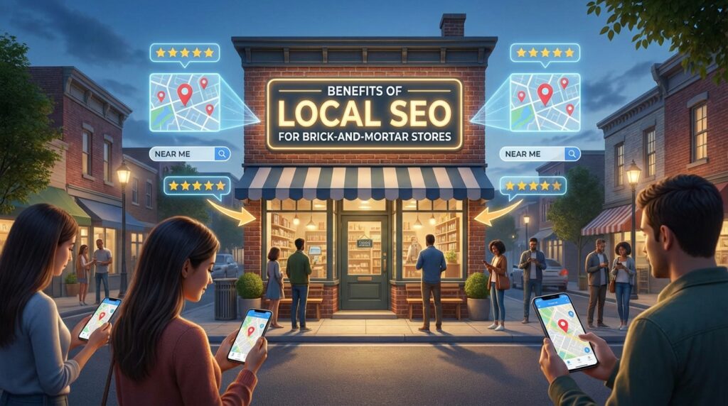 Graphic of storefront with people searching on their phones.