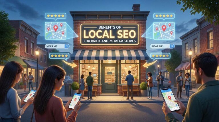 Graphic of storefront with people searching on their phones.