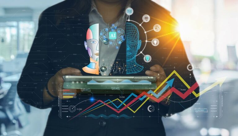 A person is holding a laptop computer while virtual images of graphs and AI technology are floating in the foreground.