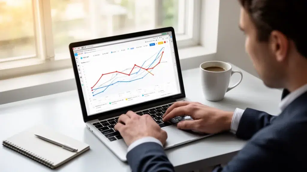 A business professional sitting at a desk with a cup of coffee is looking at a colorful graph on a laptop.