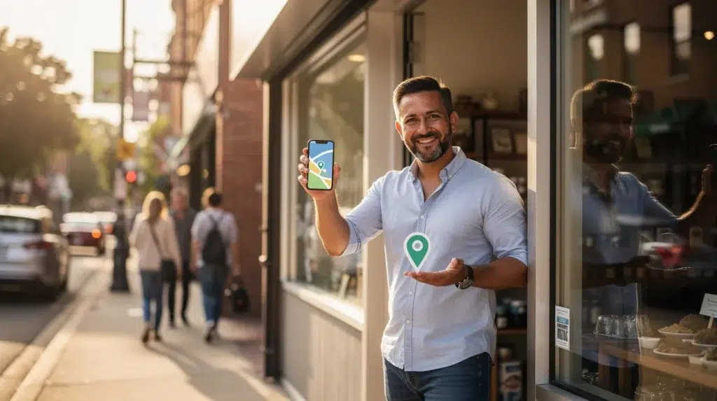 A business owner stands on the sidewalk at the entrance to his store holding up a mobile phone with a location pin icon.