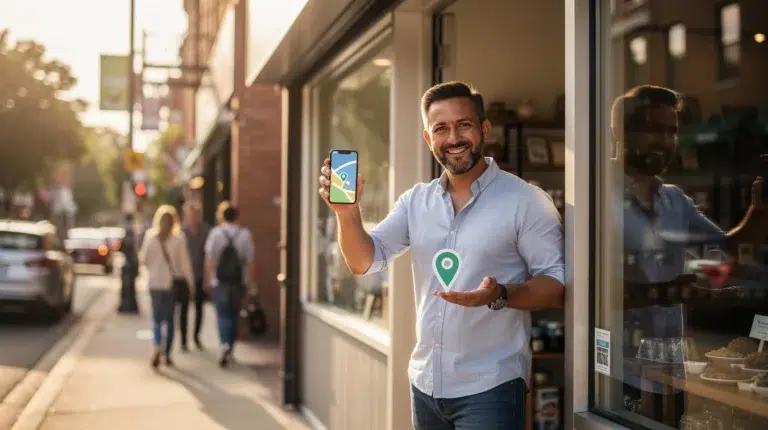 A business owner stands on the sidewalk at the entrance to his store holding up a mobile phone with a location pin icon.