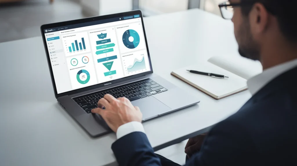 A business person is sitting at a desk and looking at analytics on a laptop computer.