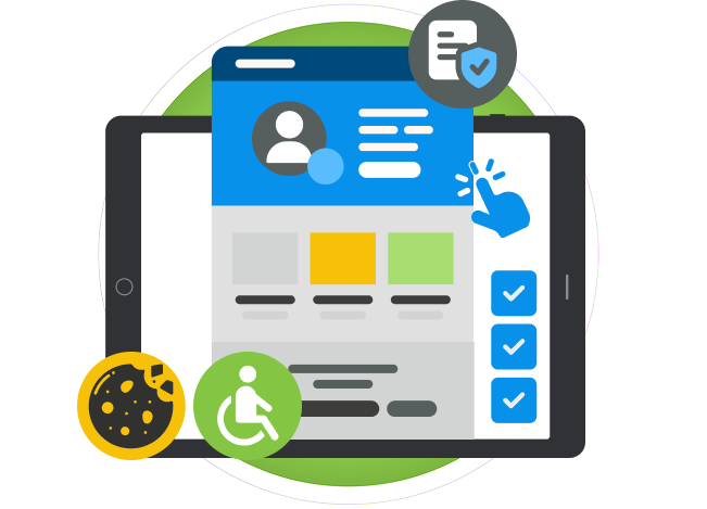 ADA & Cookie Compliance graphic with laptop and icons.