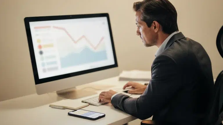 A business person is sitting at a desk and studying the metrics displayed on his desktop monitor.