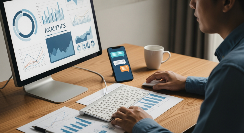 A person is sitting at a desk and looking at an analytics page on a desktop computer.