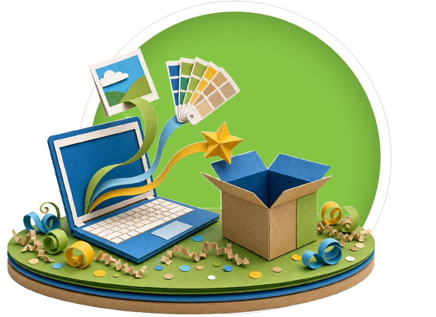 Computer with design assets flying out of it.