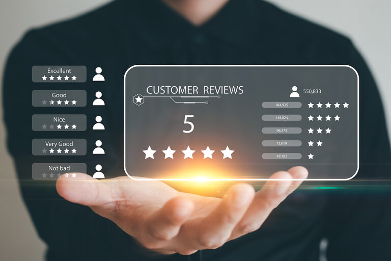 5-star customer review rating displayed on a holographic screen held above an open hand