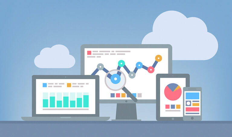 Illustration of web and SEO analytics dashboards across laptop, desktop, tablet, and phone screens