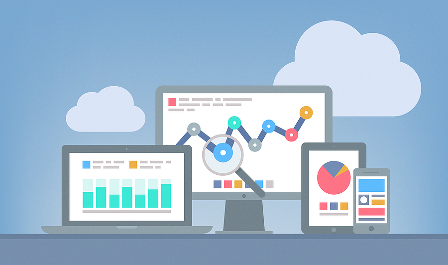 Illustration of web and SEO analytics dashboards across laptop, desktop, tablet, and phone screens