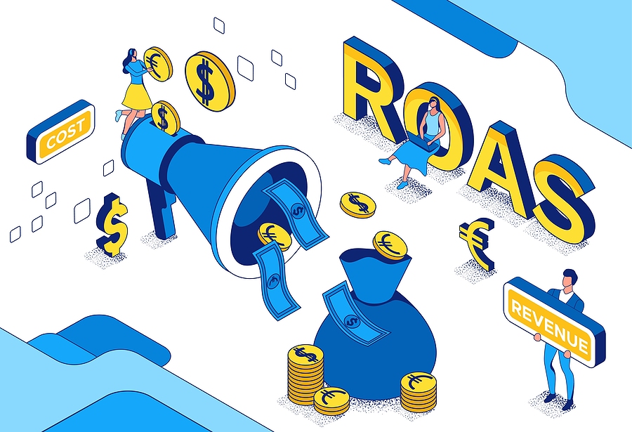 Isometric illustration of a marketing ROAS concept, showing a megaphone amplifying coins and cash next to large "ROAS" letters, a money bag, and figures holding "COST" and "REVENUE" signs.