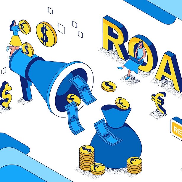 Isometric illustration of a marketing ROAS concept, showing a megaphone amplifying coins and cash next to large "ROAS" letters, a money bag, and figures holding "COST" and "REVENUE" signs.