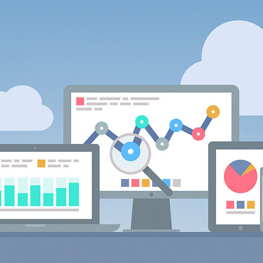 Illustration of web and SEO analytics dashboards across laptop, desktop, tablet, and phone screens