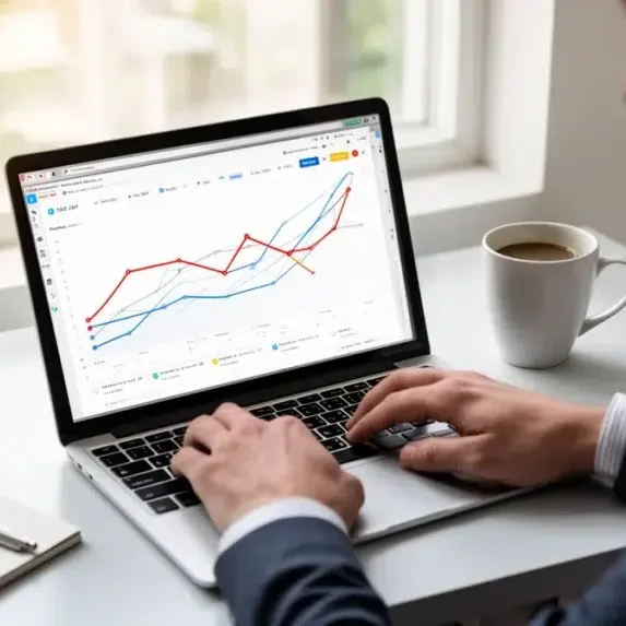 A business professional sitting at a desk with a cup of coffee is looking at a colorful graph on a laptop.