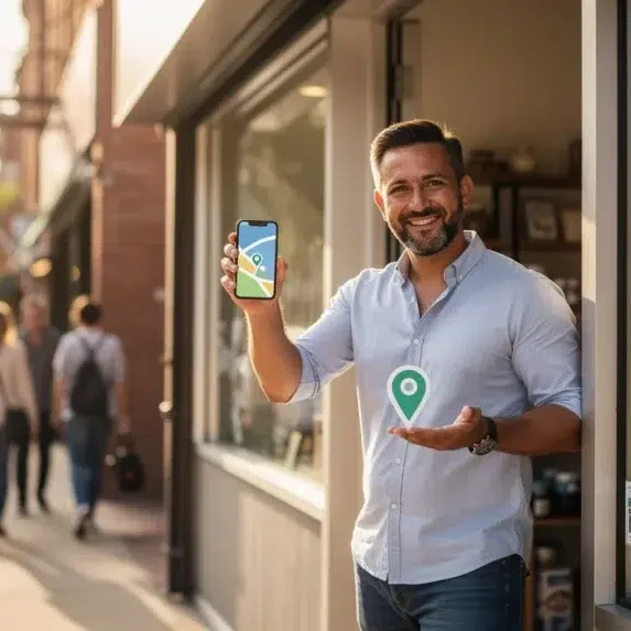 A business owner stands on the sidewalk at the entrance to his store holding up a mobile phone with a location pin icon.