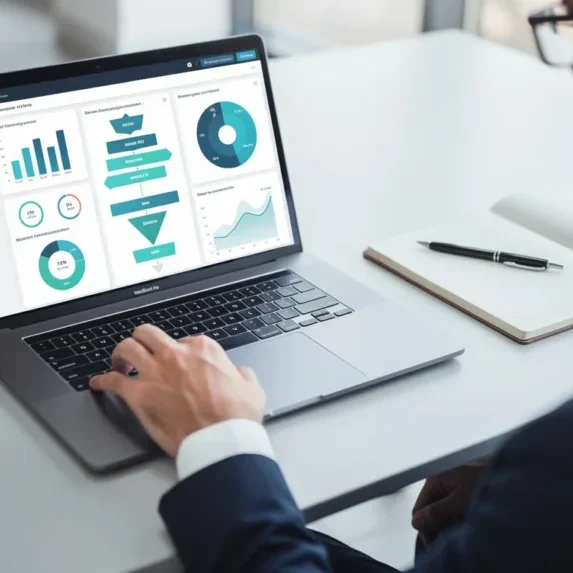 A business person is sitting at a desk and looking at analytics on a laptop computer.