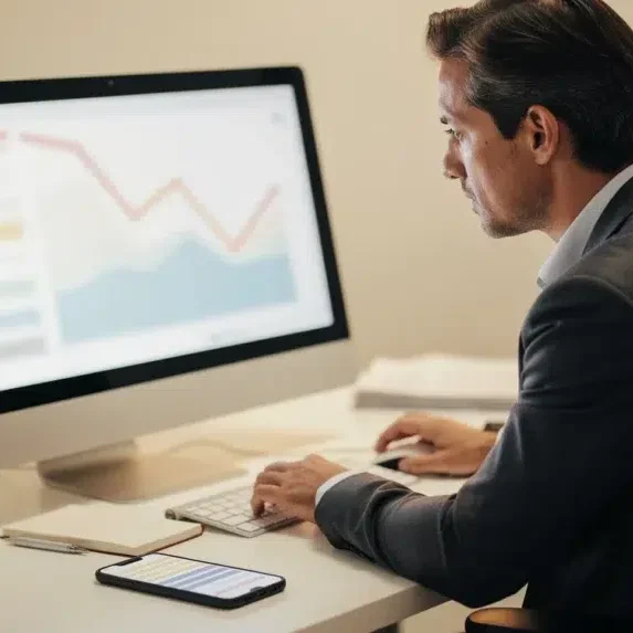A business person is sitting at a desk and studying the metrics displayed on his desktop monitor.