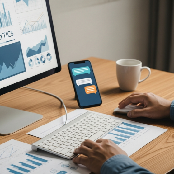 A person is sitting at a desk and looking at an analytics page on a desktop computer.