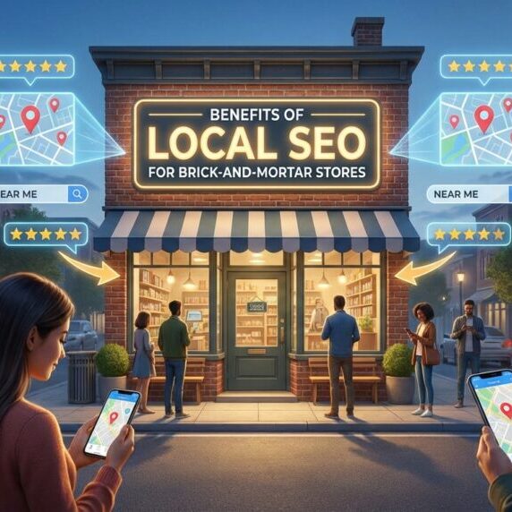 Graphic of storefront with people searching on their phones.